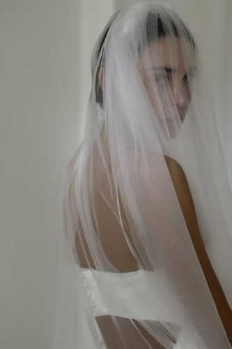 Wedding veil worn with a backless bridal dress