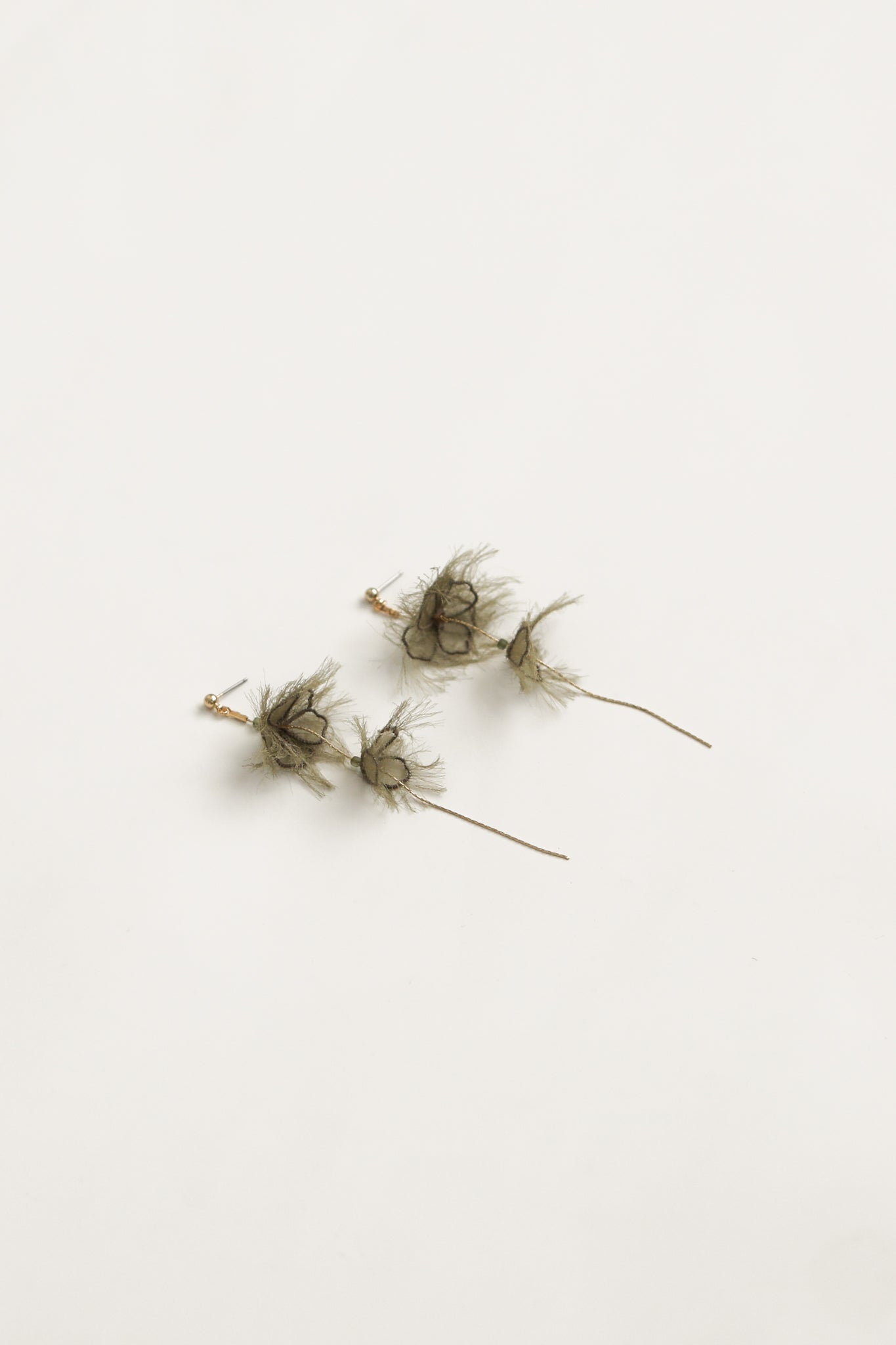 Flat angled image of Adina strand earrings in olive color featuring delicate gold strands on a white background