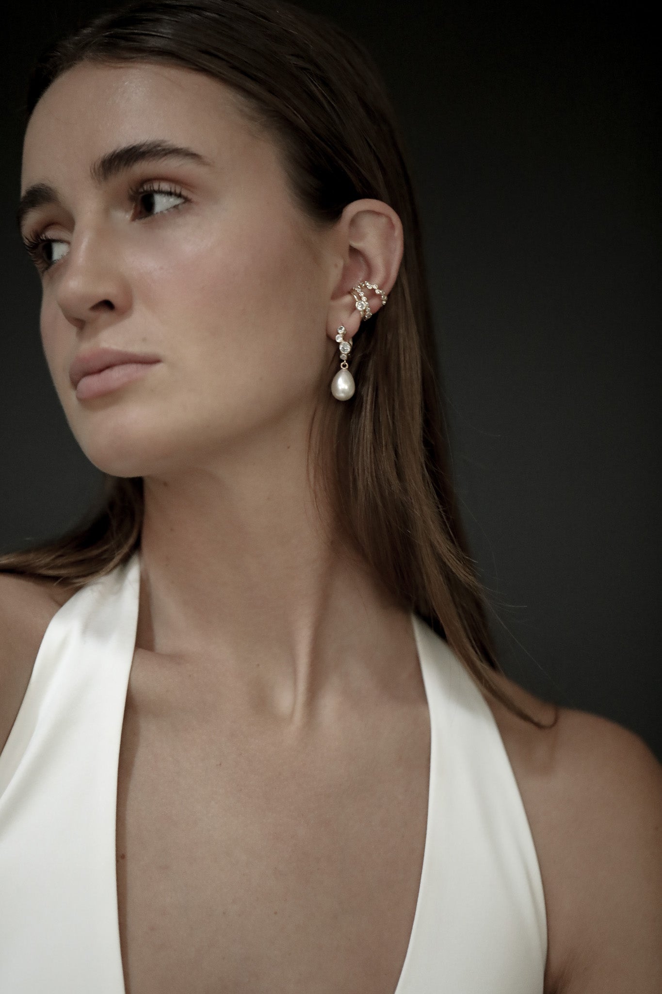 Stacked Bezel Pearl Hoop Drop Earrings - Sale