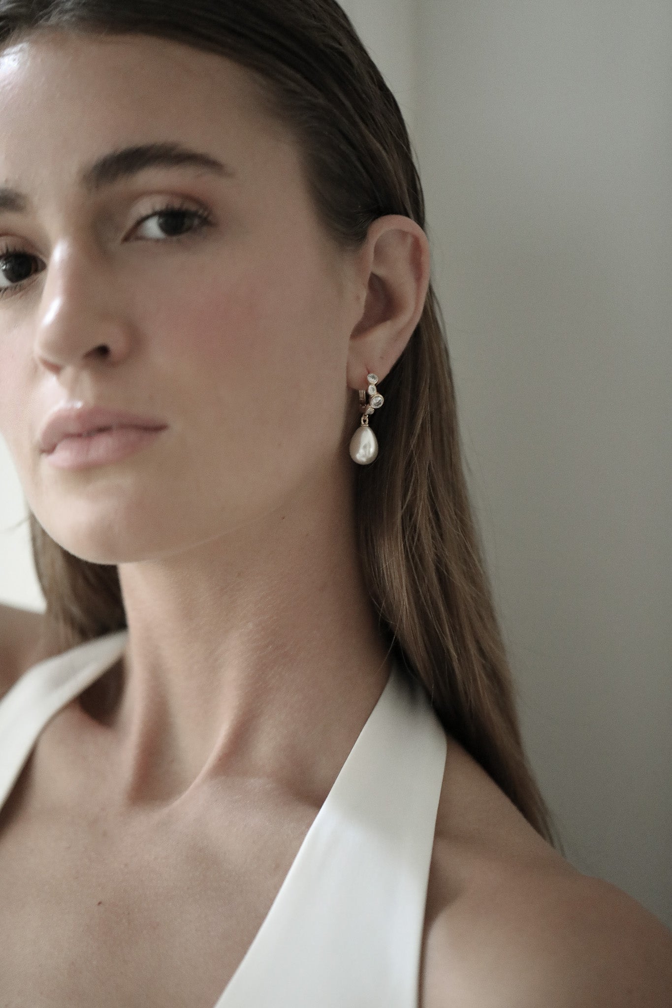 Stacked Bezel Pearl Hoop Drop Earrings - Sale