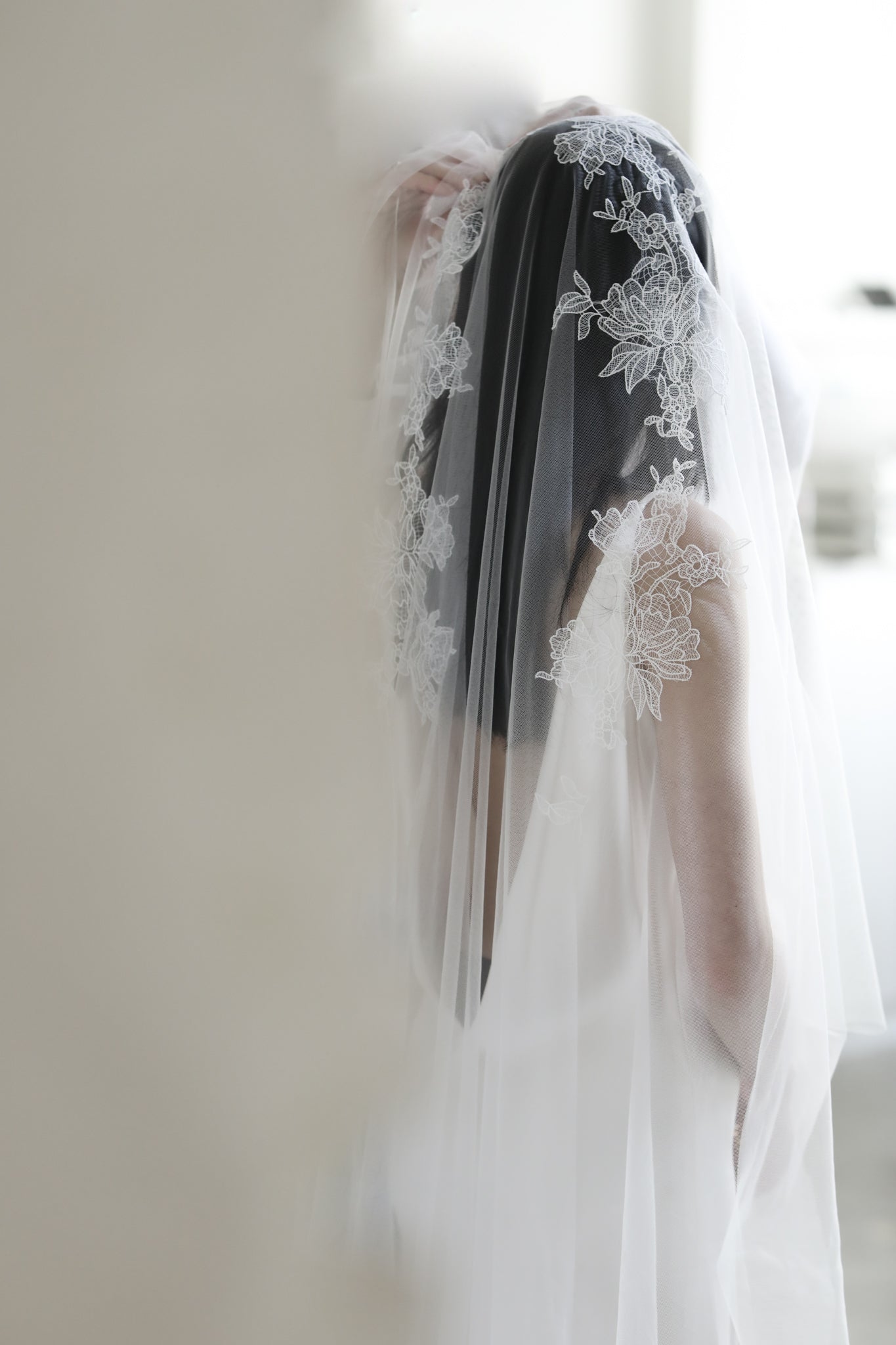 Back view of bride wearing wedding veil with lace details on a white background