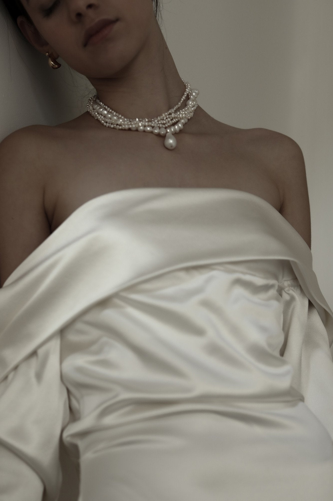 Layered freshwater pearl necklace by AB Ellieshown on bride with strapless wedding dress