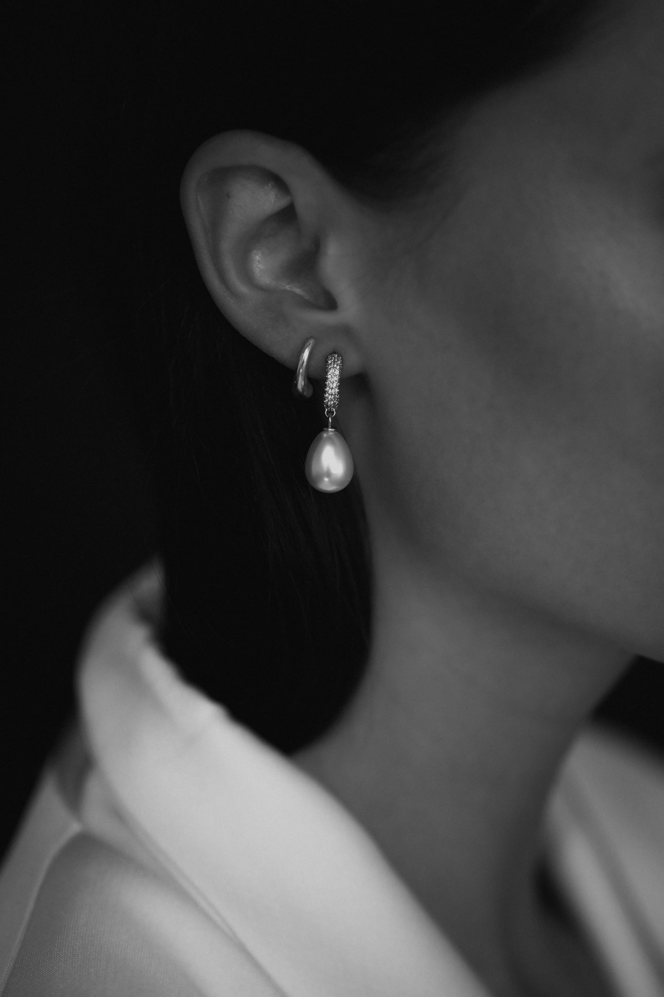 Pave Hoop Pearl Drop Earrings