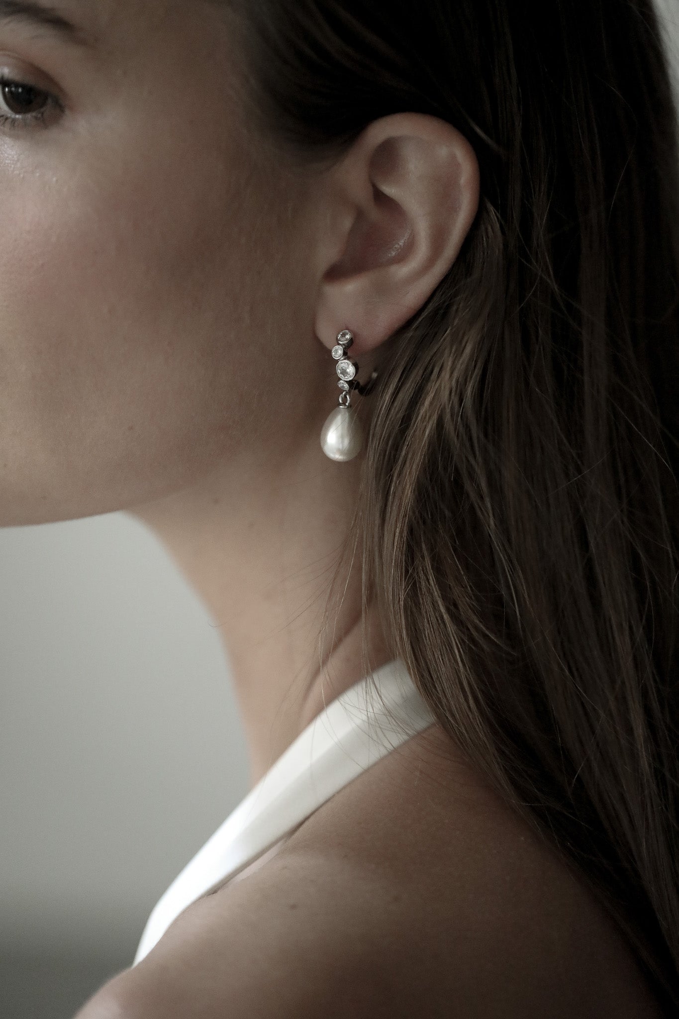 Stacked Bezel Pearl Hoop Drop Earrings - Sale