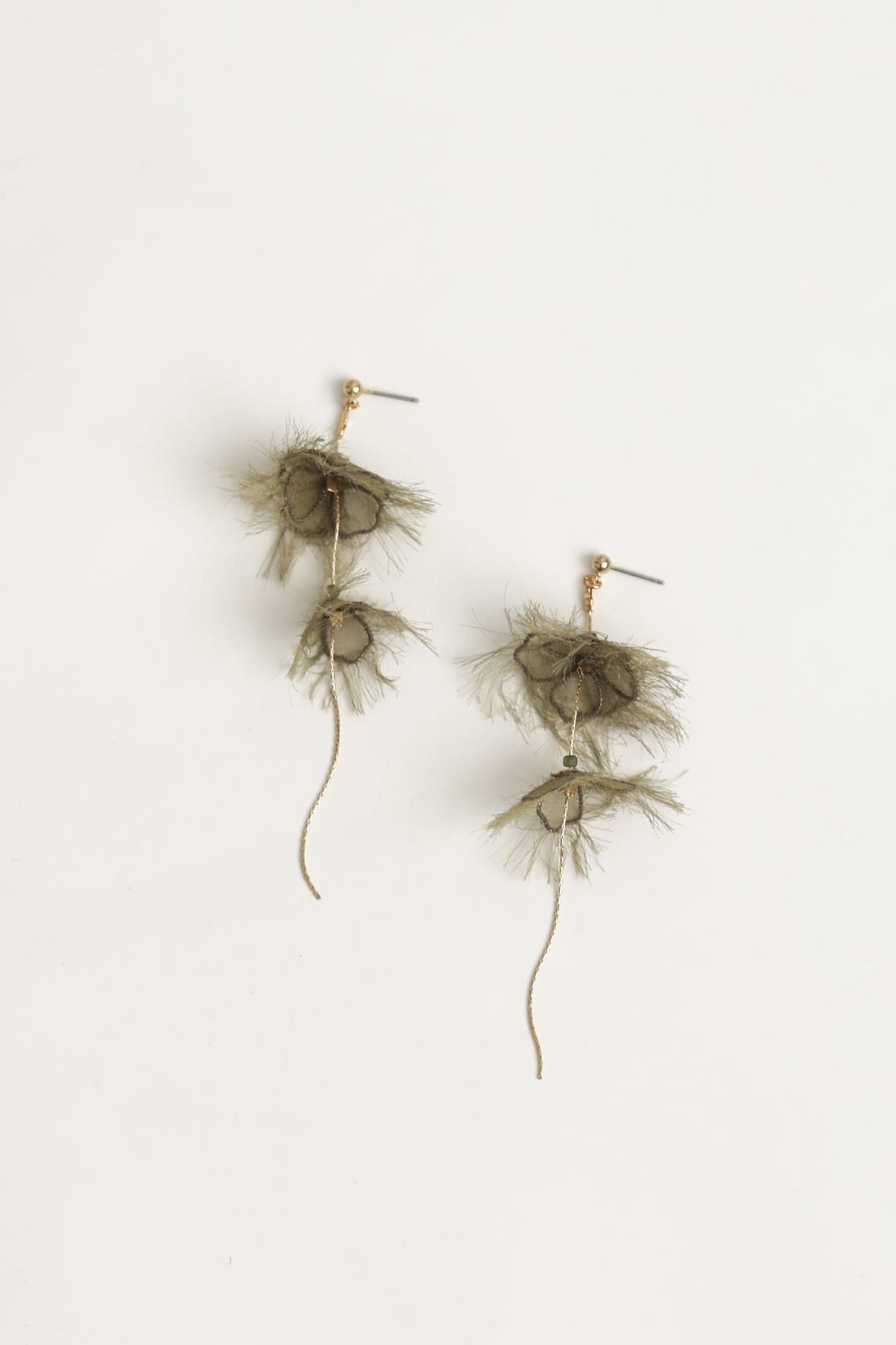 Flat image of Adina strand earrings with olive colored florals featuring delicate gold strands on a white background