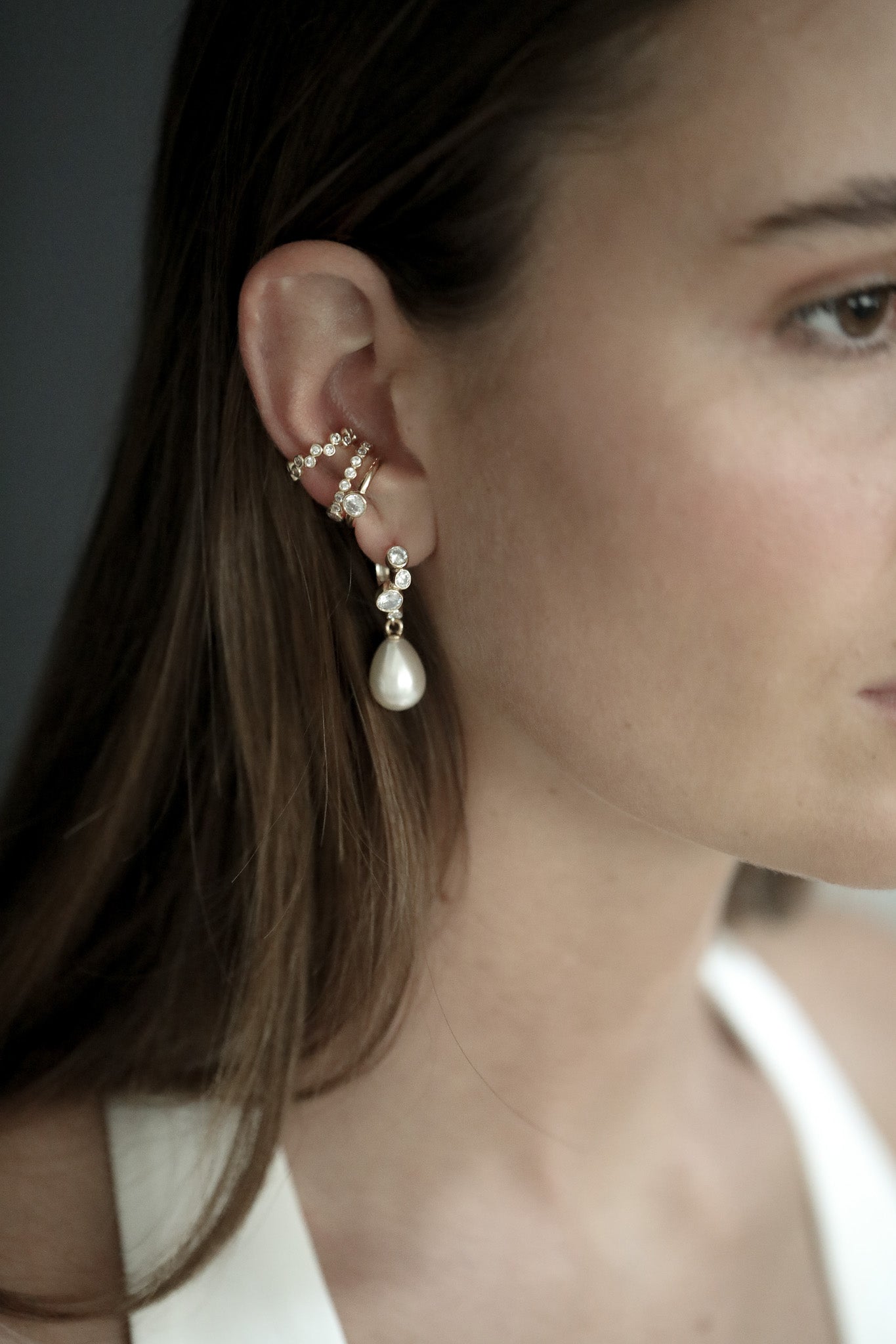 Stacked Bezel Pearl Hoop Drop Earrings