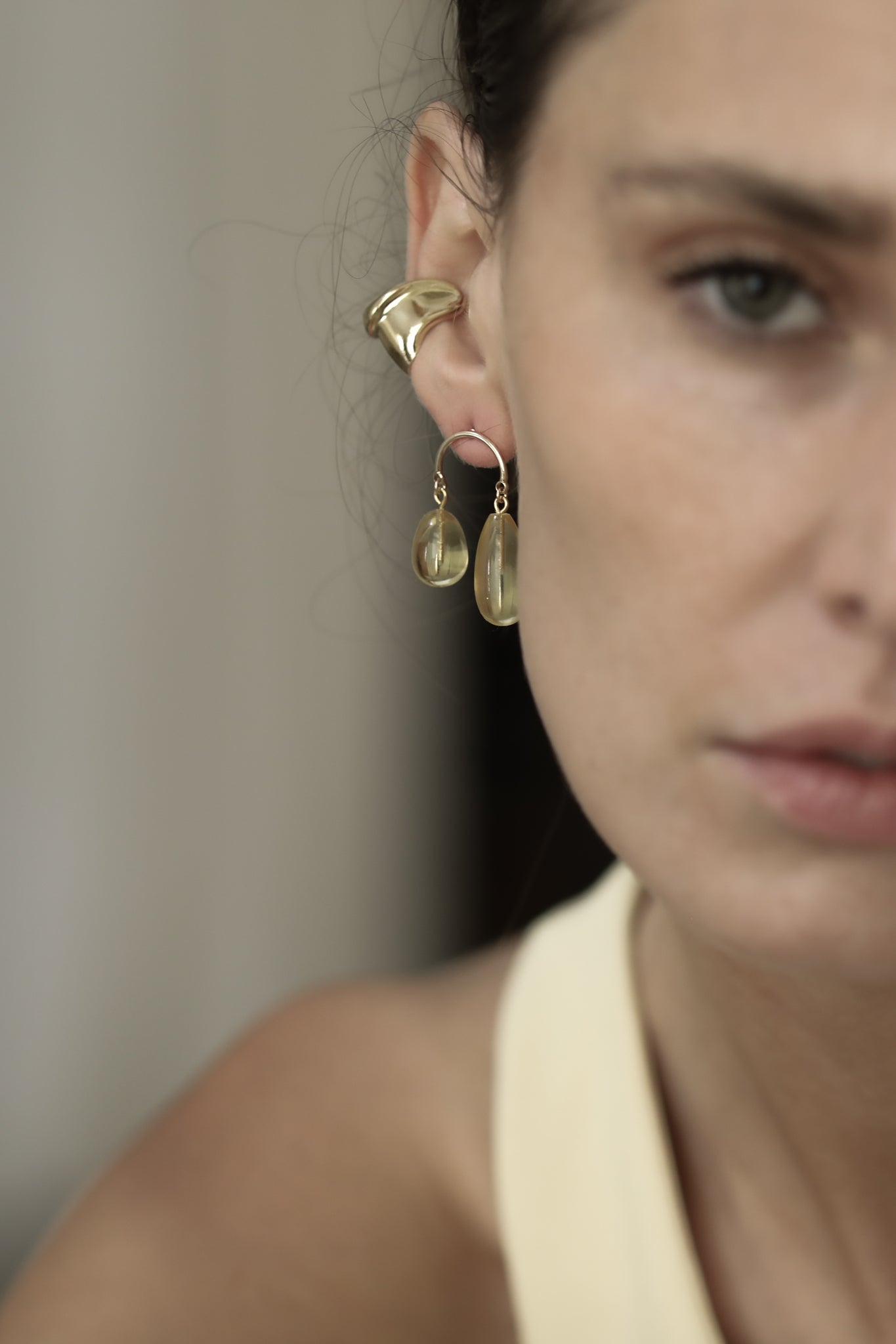 Butter Colored Asymmetric Glass Drop Earrings on a Gold Plated Hoop Post