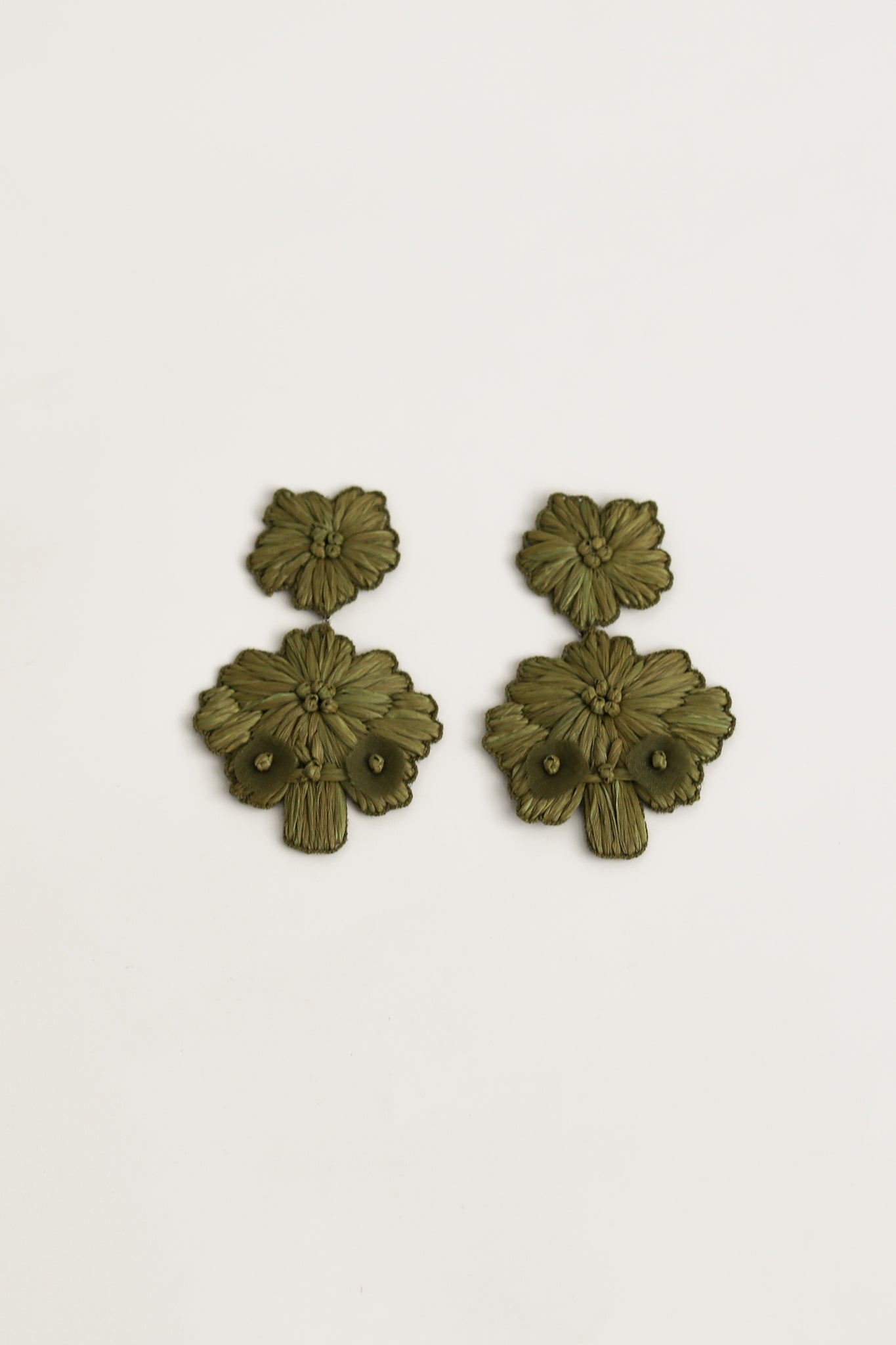 Flat image of the Stevie floral statement earrings in Olive color by AB Ellie on white background
